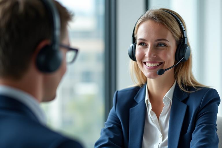 Ein freundlicher Berater mit Headset spricht mit einem Kunden