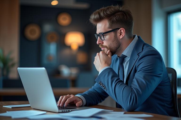 Ein Hotelmanager arbeitet am Laptop und analysiert Daten